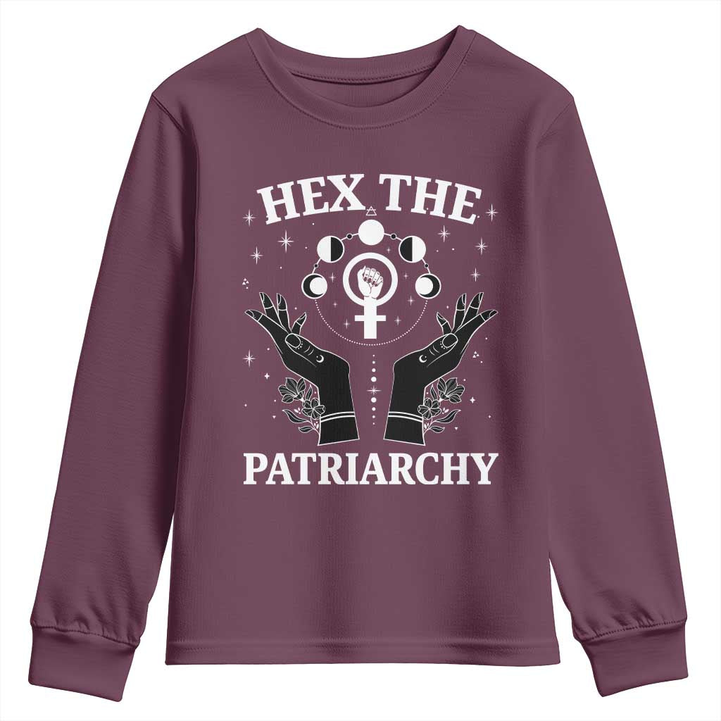 Hex The Patriarchy Youth Sweatshirt Feminist Witch Female Symbol TS11 Maroon Print Your Wear