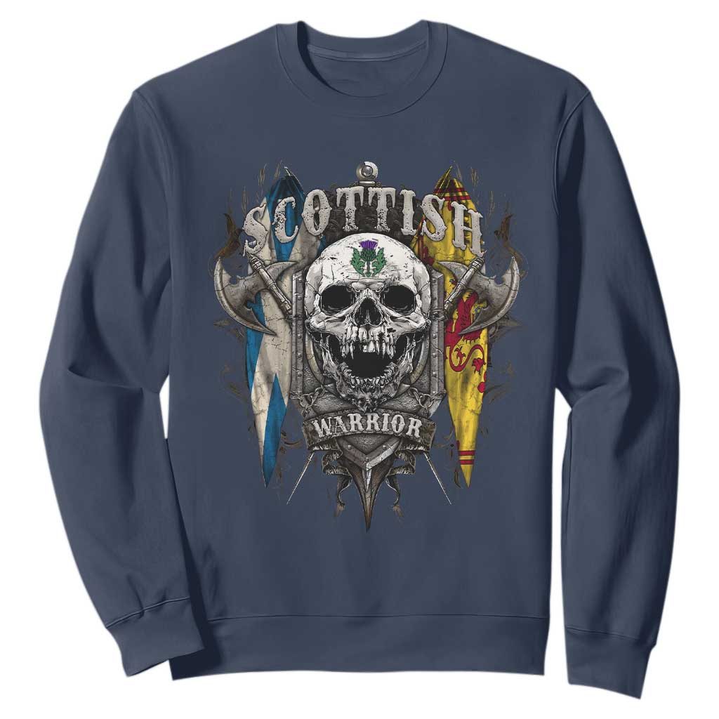 Scottish Warrior Sweatshirt Vintage Skull Celtic Cross Scottish Lion Rampant Flag TS11 Navy Print Your Wear