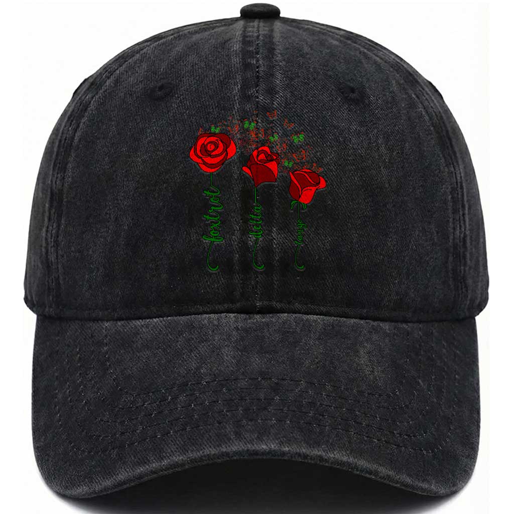 Funny Foxtrot Delta Tango Washed Cotton Baseball Cap Vintage Rose Flowers Butterfly TS11 Print Your Wear