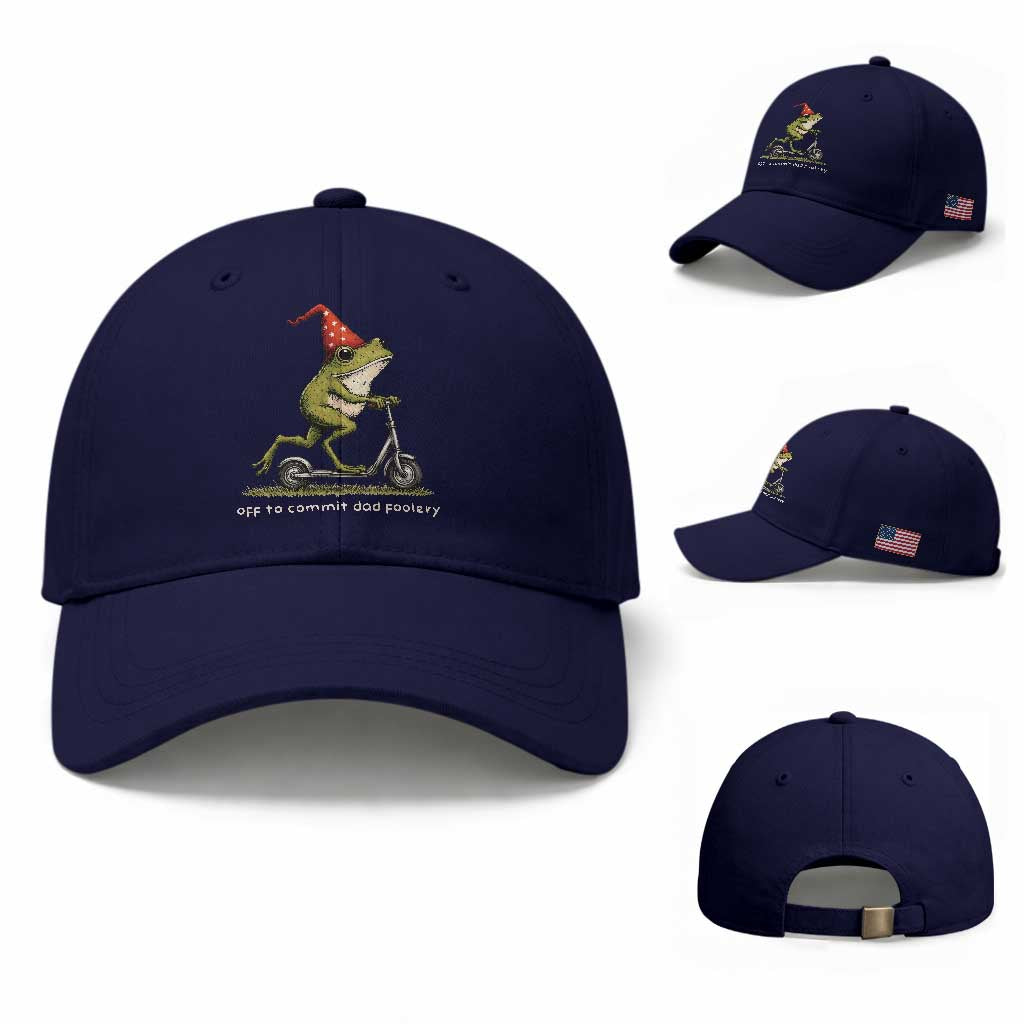 Off To Commit Dad Foolery Baseball Cap Funny Daddy Frog Scooter Fathers Day TS11 Baseball Cap Universal Fit Dark Blue Print Your Wear