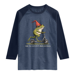 Off To Commit Dad Foolery Raglan Shirt Funny Daddy Frog Scooter Fathers Day TS11 Heather Denim Navy Print Your Wear