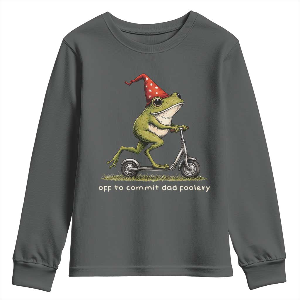 Off To Commit Dad Foolery Youth Sweatshirt Funny Daddy Frog Scooter Fathers Day TS11 Dark Heather Print Your Wear