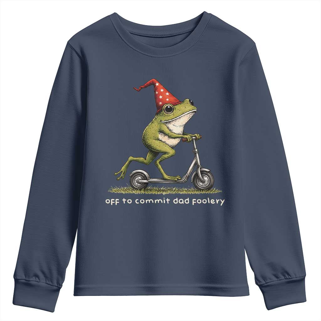 Off To Commit Dad Foolery Youth Sweatshirt Funny Daddy Frog Scooter Fathers Day TS11 Navy Print Your Wear