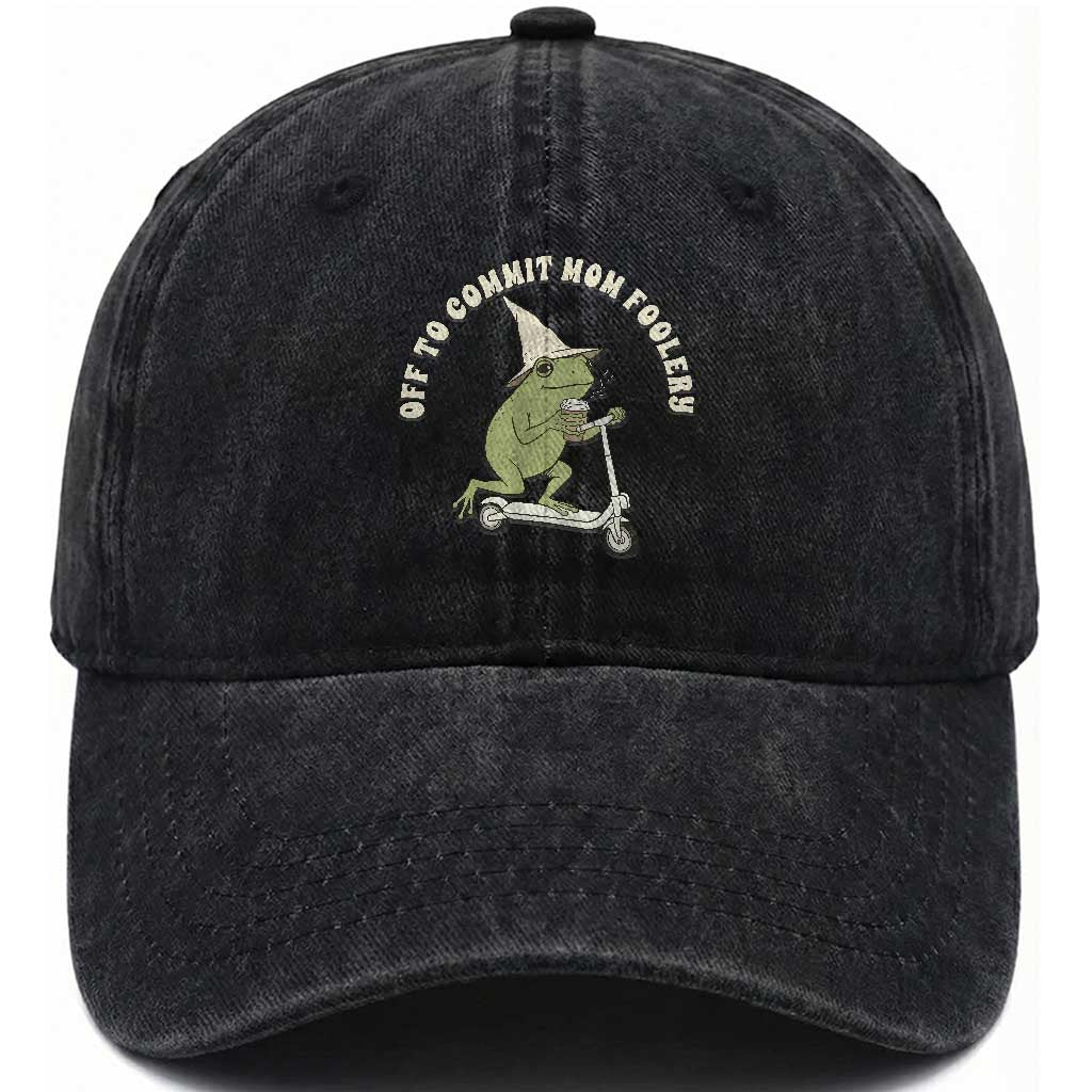 Off To Commit Mom Foolery Washed Cotton Baseball Cap Funny Mama Frog Scooter Mother's Day TS11 Print Your Wear