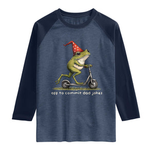 Off To Commit Dad Jokes Raglan Shirt Funny Daddy Frog Scooter Fathers Day TS11 Heather Denim Navy Print Your Wear