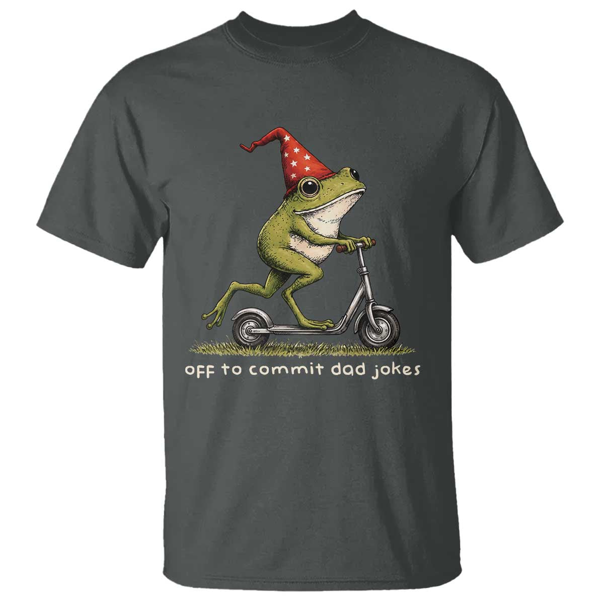 Off To Commit Dad Jokes T Shirt Funny Daddy Frog Scooter Fathers Day TS11 Dark Heather Print Your Wear