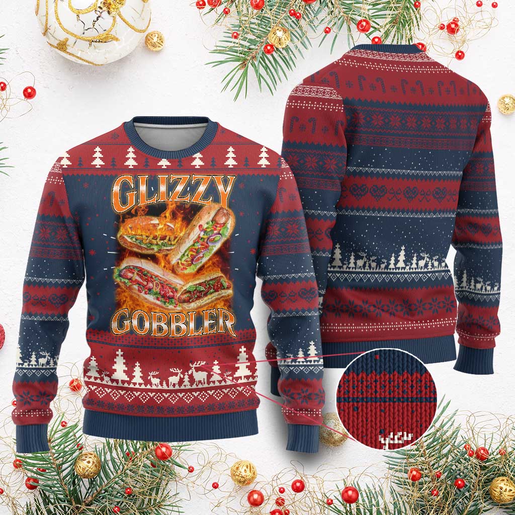 Funny Glizzy Gobbler Knit Sweatshirt Glizzy Hot Dog Meme Hilarious TS11 Burgundy Print Your Wear