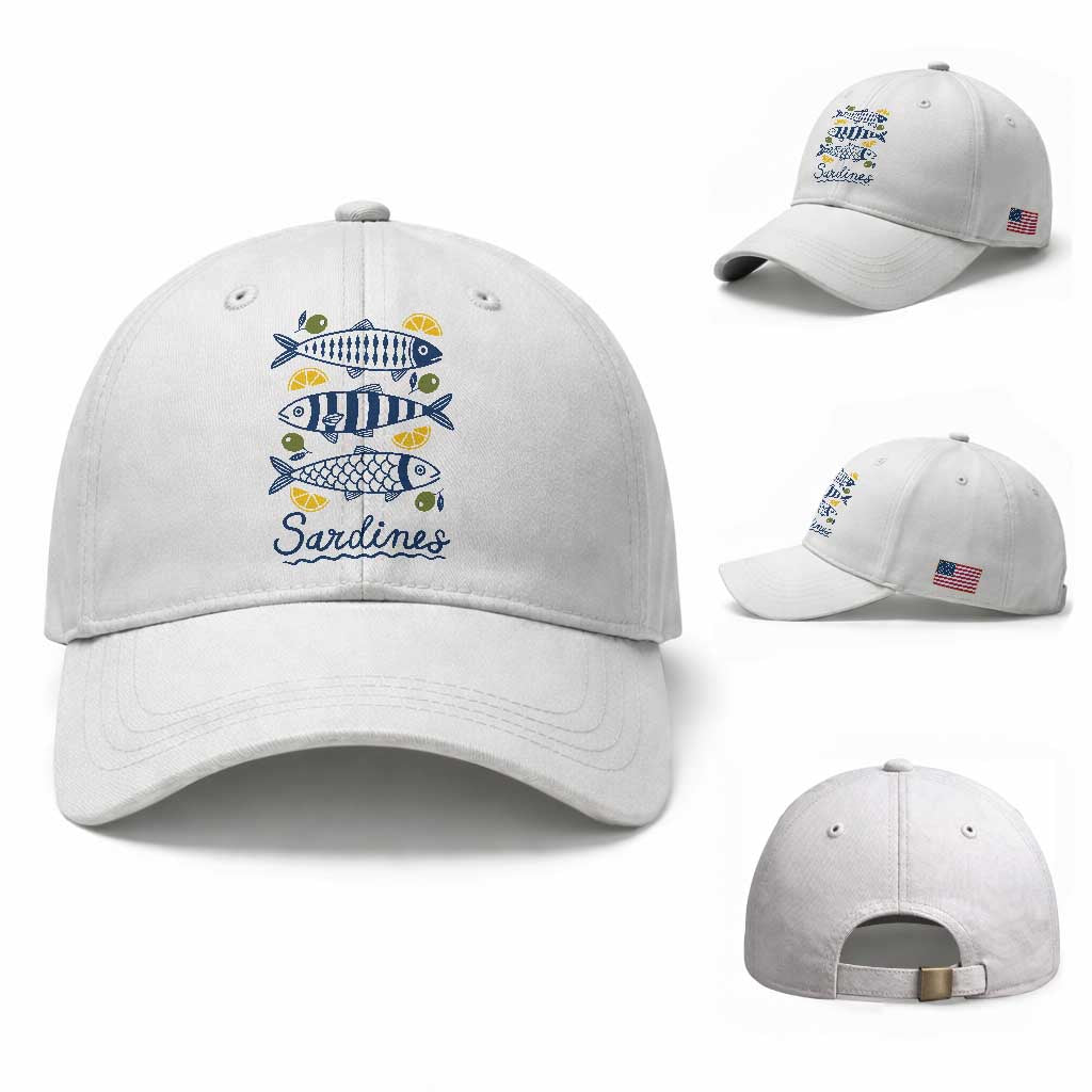 Minimal Sardines Fishermen Aesthetic Retro Baseball Cap TS11 Baseball Cap Universal Fit White Print Your Wear
