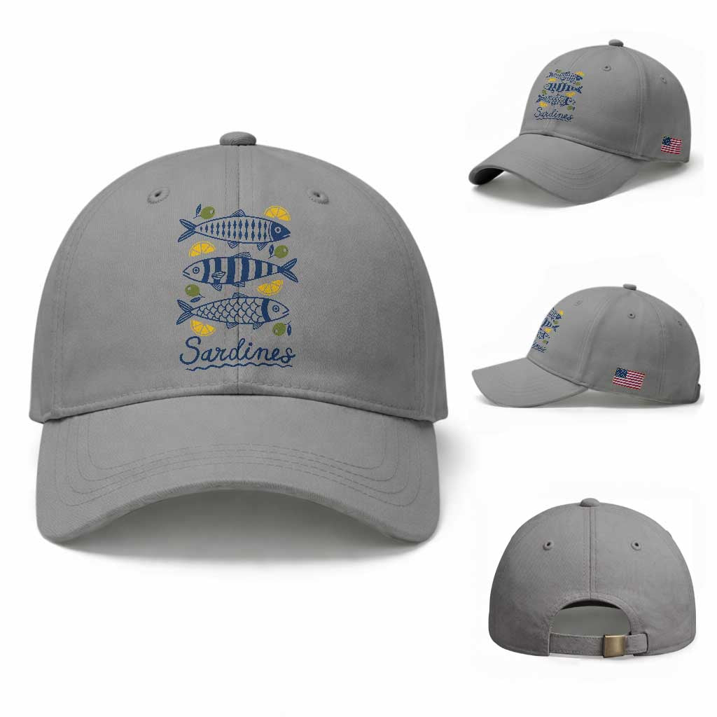 Minimal Sardines Fishermen Aesthetic Retro Baseball Cap TS11 Baseball Cap Universal Fit Sport Gray Print Your Wear