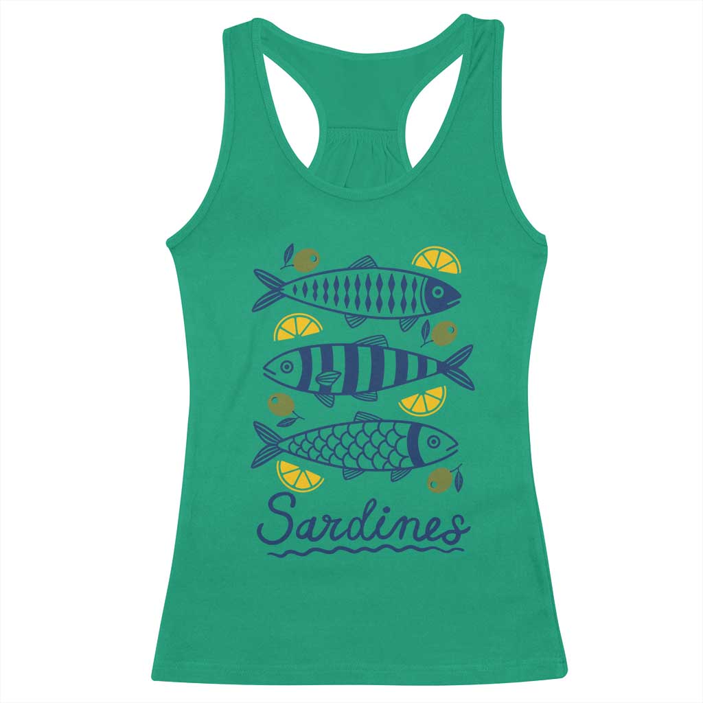 Minimal Sardines Fishermen Aesthetic Retro Racerback Tank Top TS11 Irish Green Print Your Wear