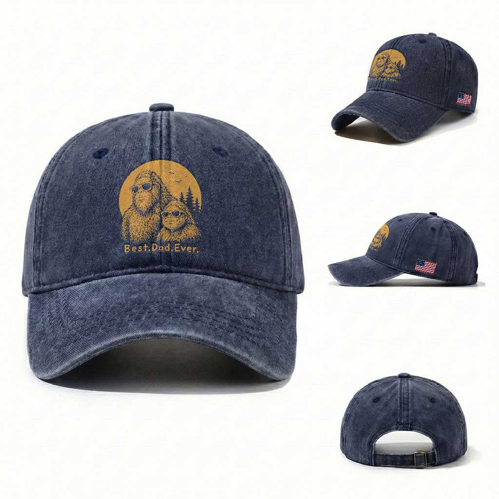 Vintage Best Dad Ever Bigfoot Papa Fathers Day Washed Cotton Baseball Cap TS11 Washed Cap Universal Fit Navy Print Your Wear