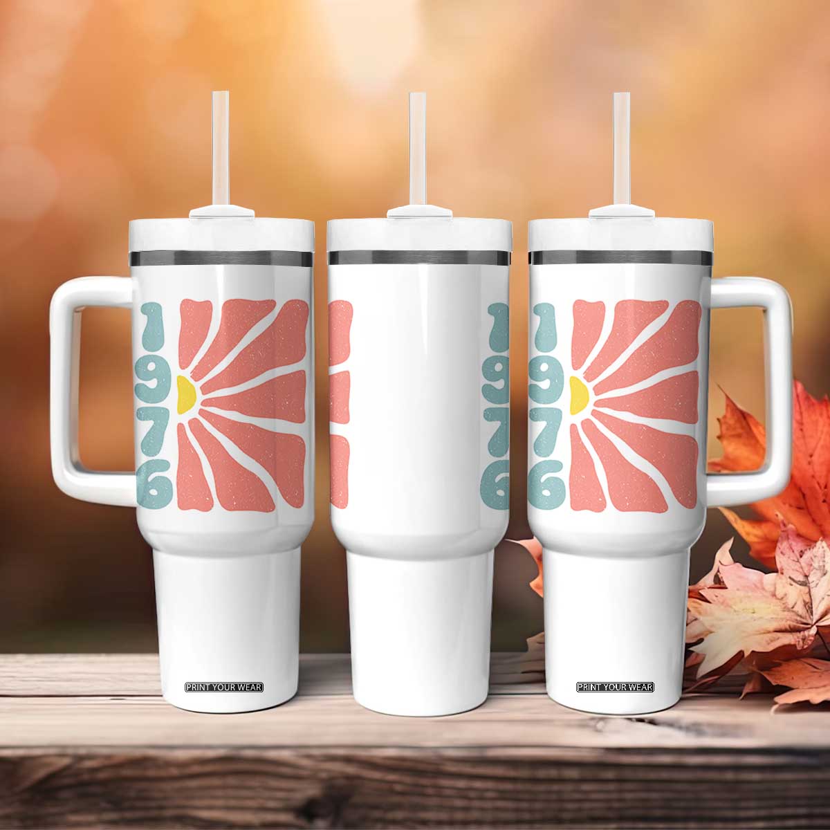 50th Birthday Tumbler With Handle Vintage 1976 Boho Flowers 50 Years Old Birthday TS11 Print Your Wear