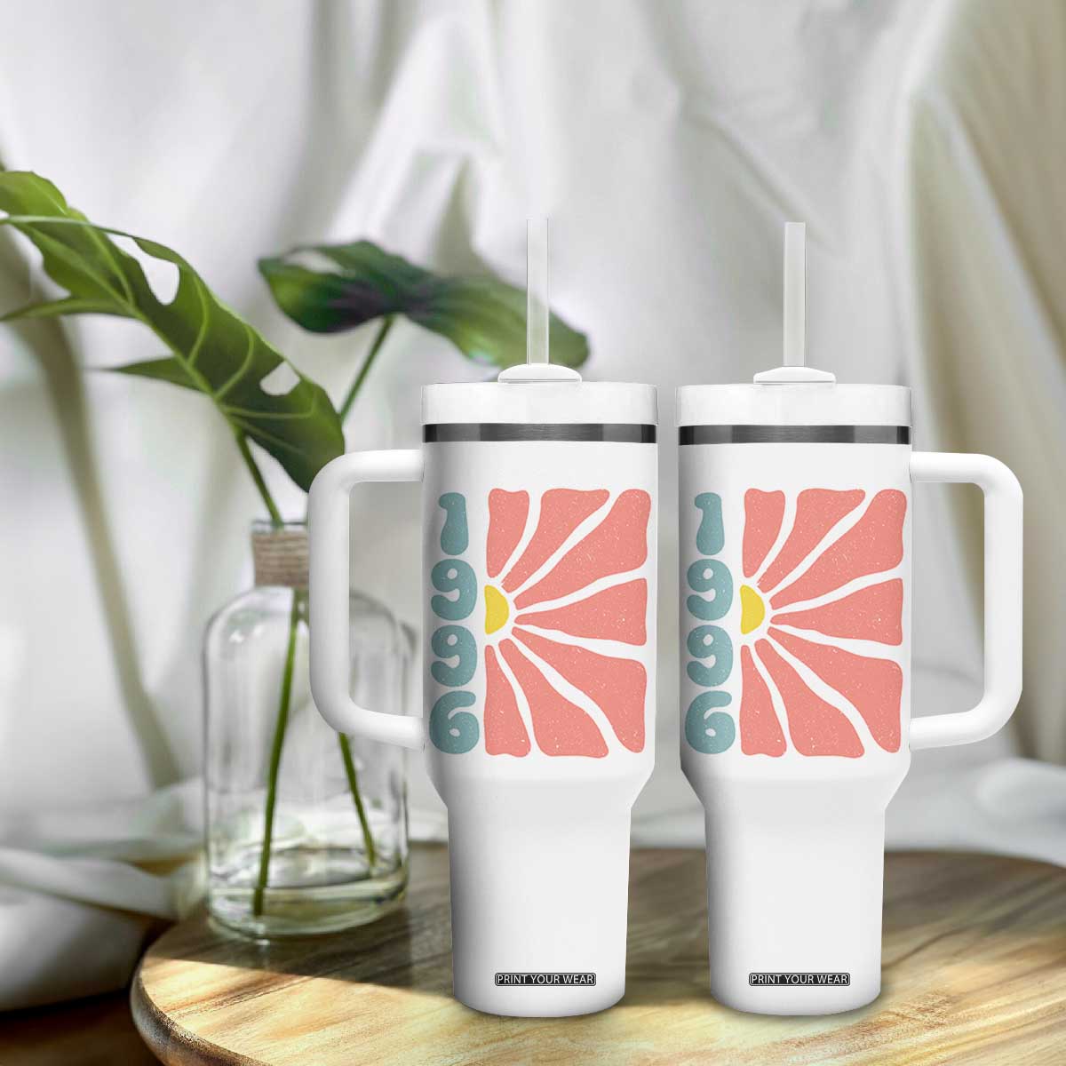 30th Birthday Tumbler With Handle Vintage 1996 Boho Flowers 30 Years Old Birthday TS11 Print Your Wear