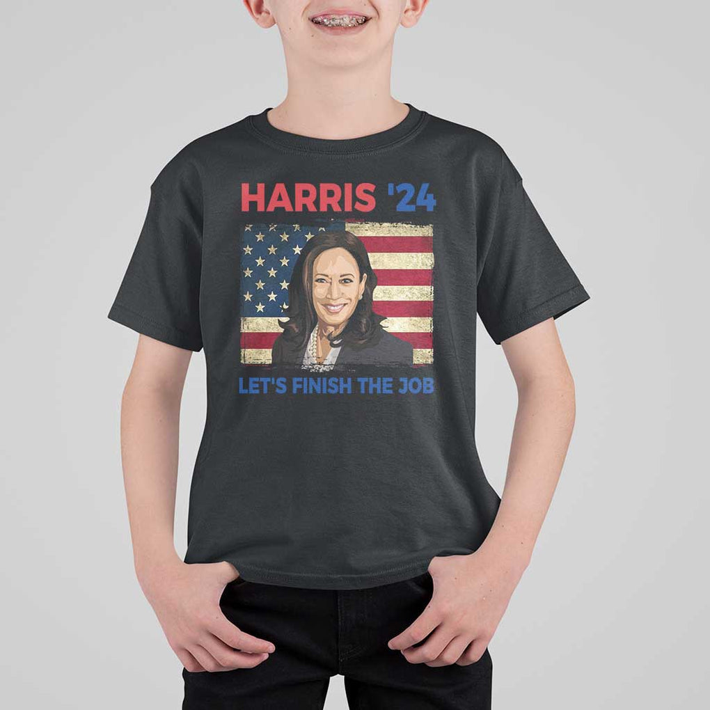 Kamala 2024 T Shirt For Kid Harris'24 Let's Finish The Job USA Flag TS11 Black Print Your Wear