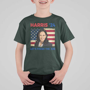 Kamala 2024 T Shirt For Kid Harris'24 Let's Finish The Job USA Flag TS11 Dark Forest Green Print Your Wear