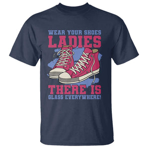 Madam Harris T Shirt Wear Your Shoes Ladies There's Glass Everywhere TS11 Navy Print Your Wear