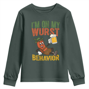 Funny I Am On My Wurst Behavior Youth Sweatshirt German Oktoberfest Sausage TS11 Dark Forest Green Print Your Wear