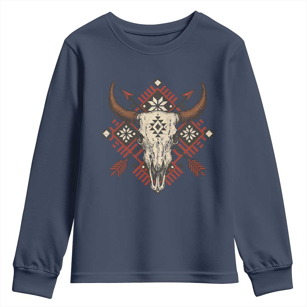 Native American Longhorn Bull Skull Tribal Arrows Youth Sweatshirt TS11 Navy Print Your Wear
