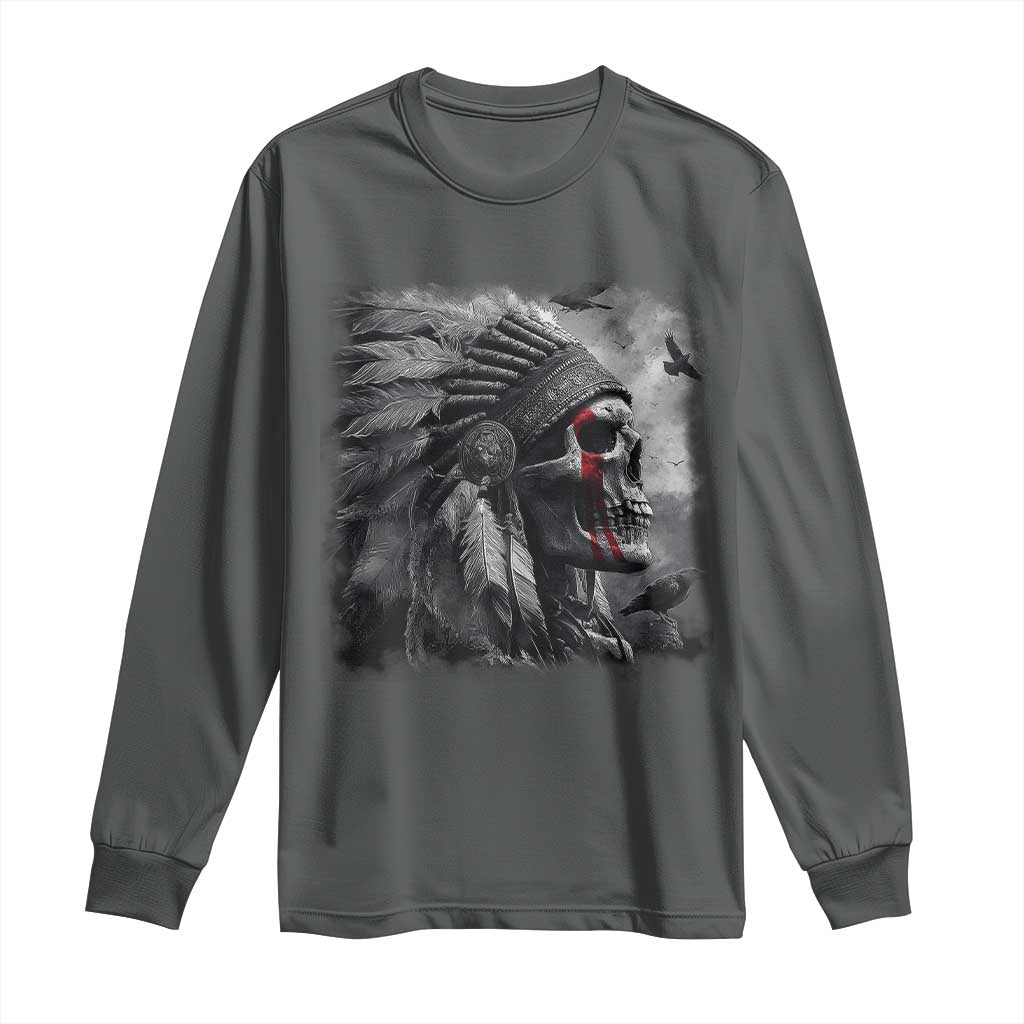 Native American Indian Chief Skull Headdress Crow Long Sleeve Shirt TS11 Dark Heather Print Your Wear