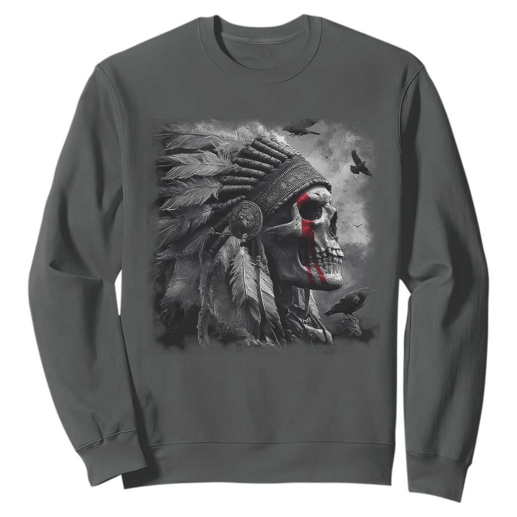 Native American Indian Chief Skull Headdress Crow Sweatshirt TS11 Dark Heather Print Your Wear