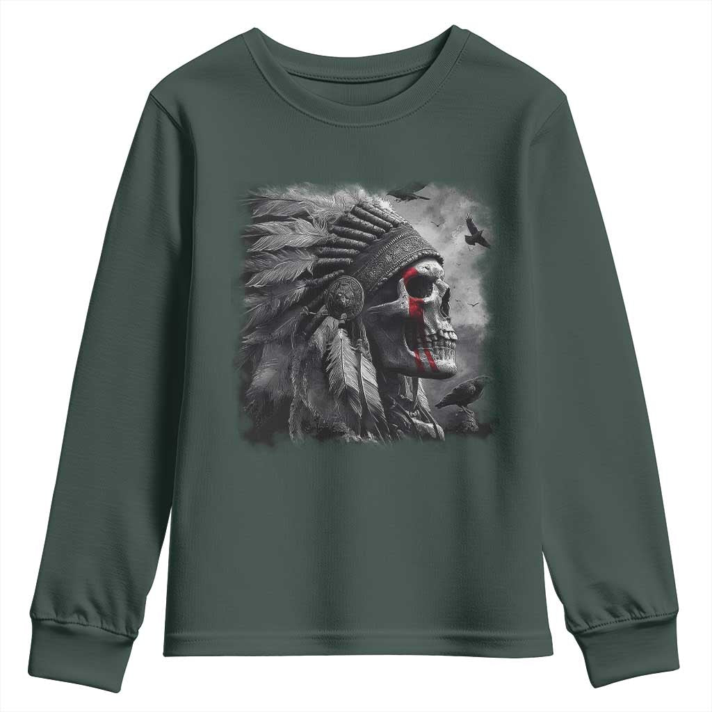 Native American Indian Chief Skull Headdress Crow Youth Sweatshirt TS11 Dark Forest Green Print Your Wear