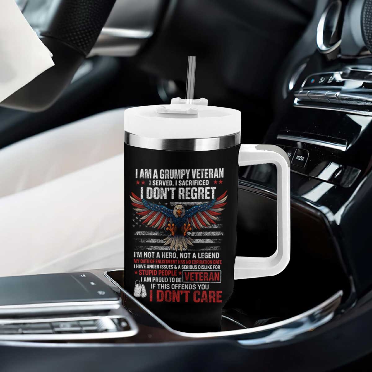 I Am A Grumpy Veteran I Served I Sacrificed I Dont Regret Tumbler With Handle American Flag Bald Eagle TS11 Print Your Wear