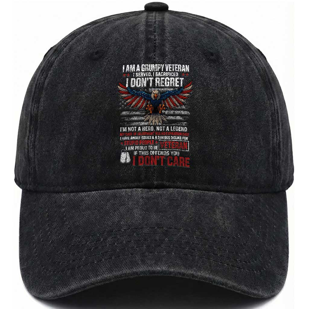 I Am A Grumpy Veteran I Served I Sacrificed I Dont Regret Washed Cotton Baseball Cap American Flag Bald Eagle TS11 Washed Cap Universal Fit Black Print Your Wear