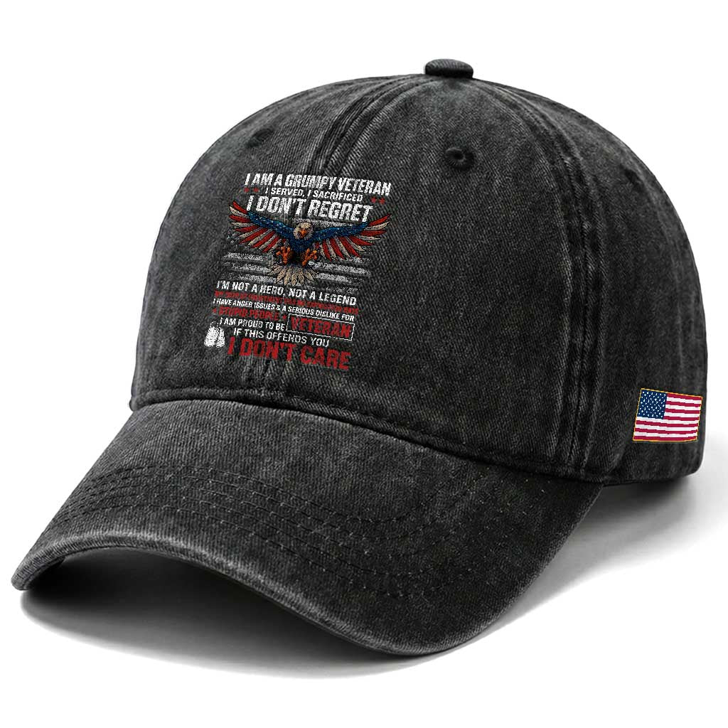 I Am A Grumpy Veteran I Served I Sacrificed I Dont Regret Washed Cotton Baseball Cap American Flag Bald Eagle TS11 Print Your Wear