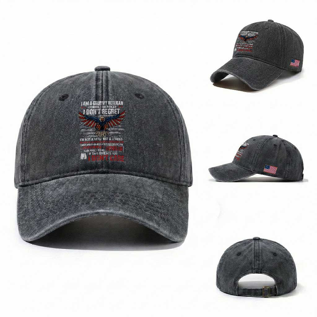 I Am A Grumpy Veteran I Served I Sacrificed I Dont Regret Washed Cotton Baseball Cap American Flag Bald Eagle TS11 Washed Cap Universal Fit Dark Gray Print Your Wear