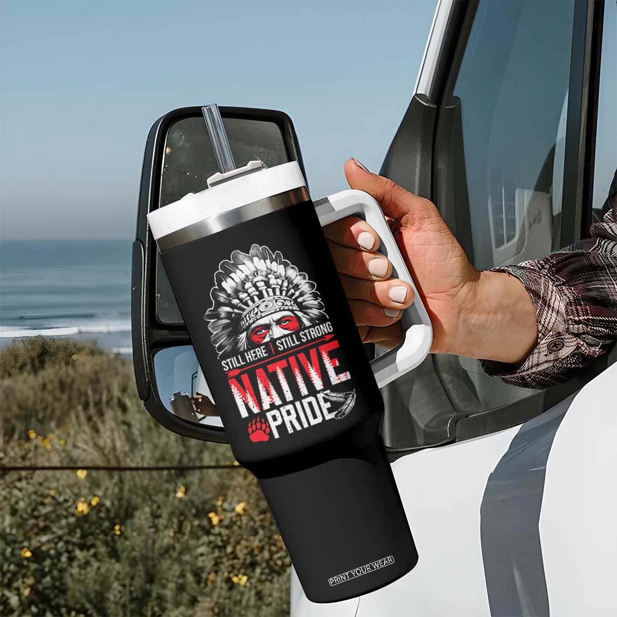 Still Here Still Strong Native Pride Tumbler With Handle Native American Feather TS11 Print Your Wear