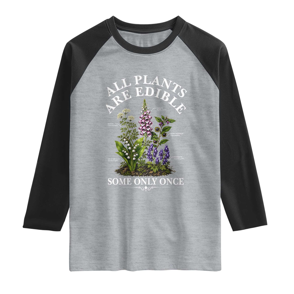 All Plants Are Edible Some Only Once Raglan Shirt Funny Botanical Gardener TS11 Heather Gray Black Print Your Wear