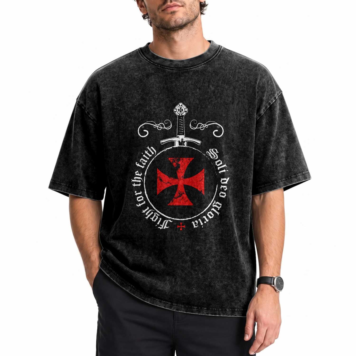 Catholic Knight Templar Crusader Sword Washed Cotton T-Shirt Soli Deo Gloria Fight For The Faith