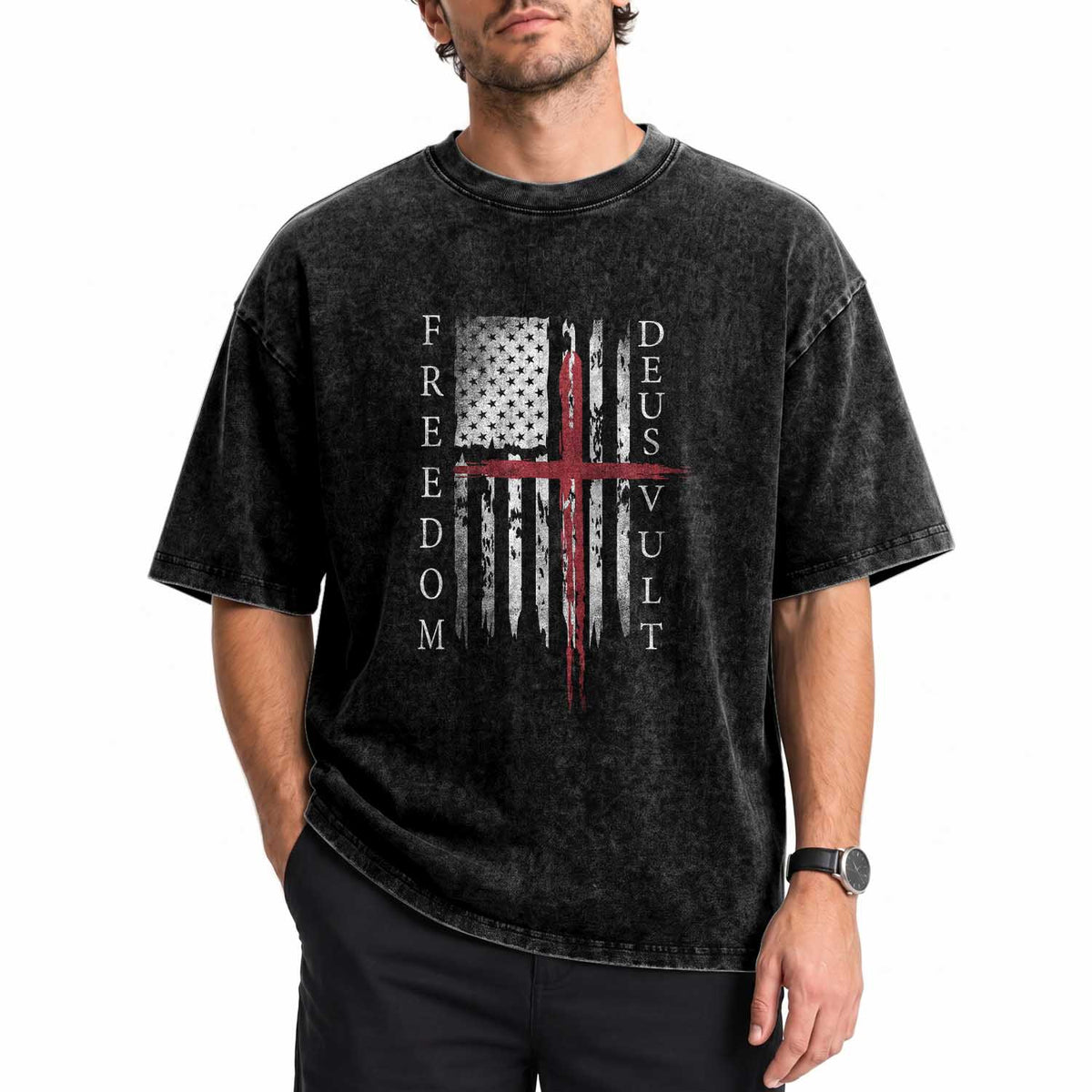 Deus Vult Freedom Catholic Knight Templar American Flag Washed Cotton T-Shirt