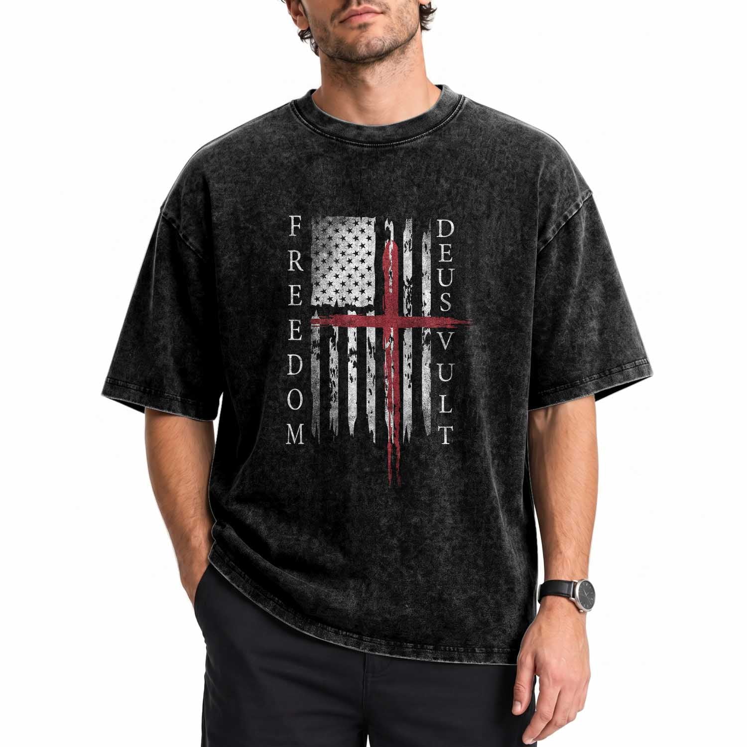 Deus Vult Freedom Catholic Knight Templar American Flag Washed Cotton T-Shirt