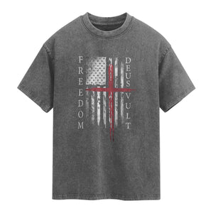 Deus Vult Freedom Catholic Knight Templar American Flag Washed Cotton T-Shirt