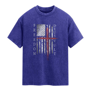 Deus Vult Freedom Catholic Knight Templar American Flag Washed Cotton T-Shirt