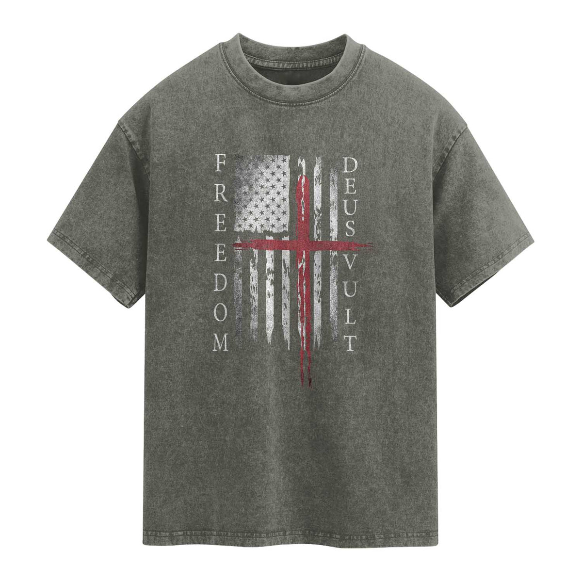 Deus Vult Freedom Catholic Knight Templar American Flag Washed Cotton T-Shirt