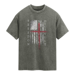 Deus Vult Freedom Catholic Knight Templar American Flag Washed Cotton T-Shirt