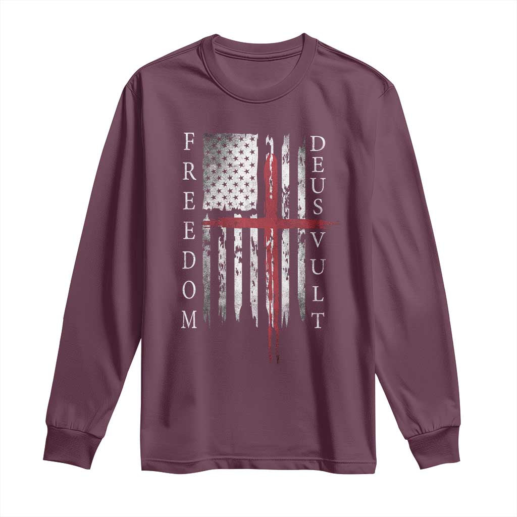 Deus Vult Freedom Catholic Knight Templar American Flag Long Sleeve Shirt