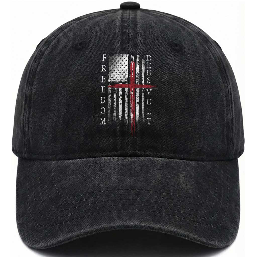 Deus Vult Freedom Catholic Knight Templar American Flag Washed Cotton Baseball Cap