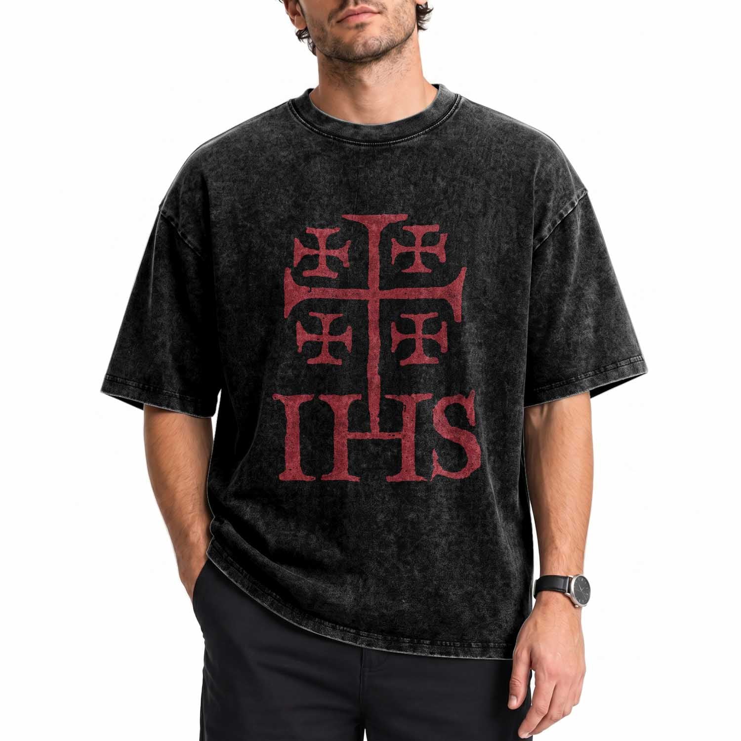 IHS Jerusalem Cross Medieval Crusaders Funny Knights Templar Washed Cotton T-Shirt
