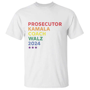 Harris Walz Supporter T Shirt Prosecutor Kamala Coach Walz 2024 Star LGBT Rainbow Flag TS11 White Print Your Wear