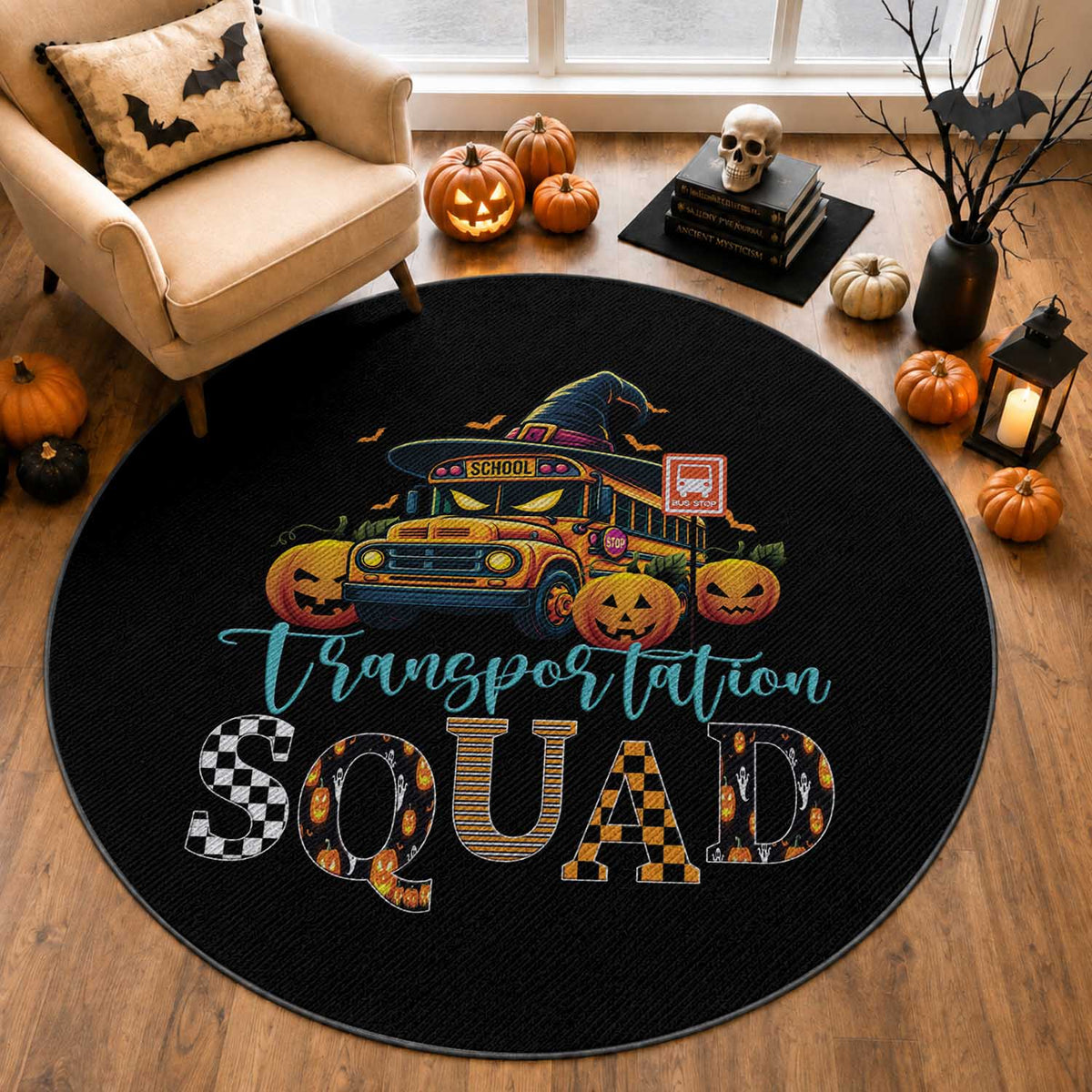 Halloween School Bus Driver Round Rug Transportation Squad Pumpkin Witch