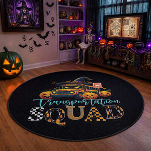 Halloween School Bus Driver Round Rug Transportation Squad Pumpkin Witch
