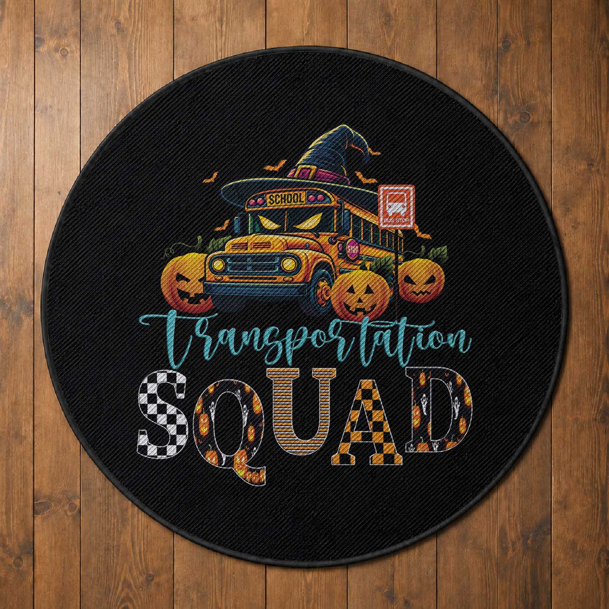 Halloween School Bus Driver Round Rug Transportation Squad Pumpkin Witch
