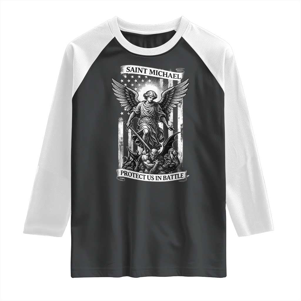 Saint Michael Protect Us In Battle Raglan Shirt American Flag Catholic Christian Faith TS11 Black White Print Your Wear