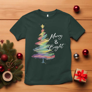 Christmas T Shirt Merry And Bright Colorful Xmas Tree TS11 Dark Forest Green Print Your Wear