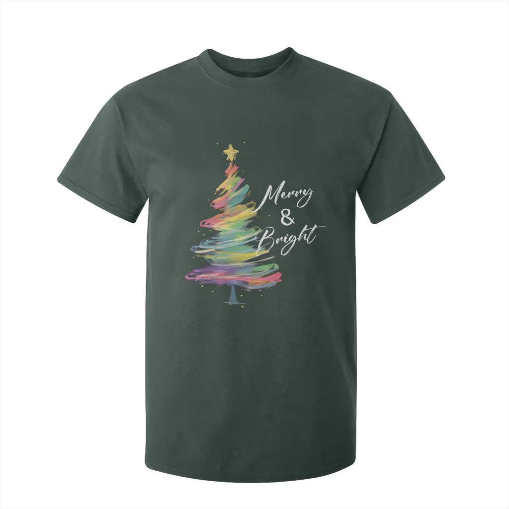 Christmas T Shirt For Kid Merry And Bright Colorful Xmas Tree TS11 Dark Forest Green Print Your Wear