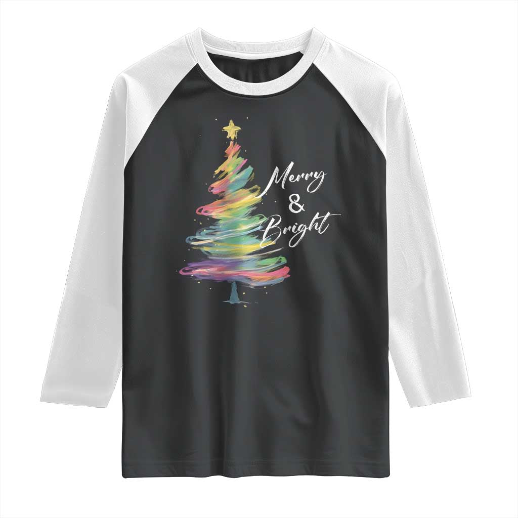 Christmas Raglan Shirt Merry And Bright Colorful Xmas Tree TS11 Black White Print Your Wear