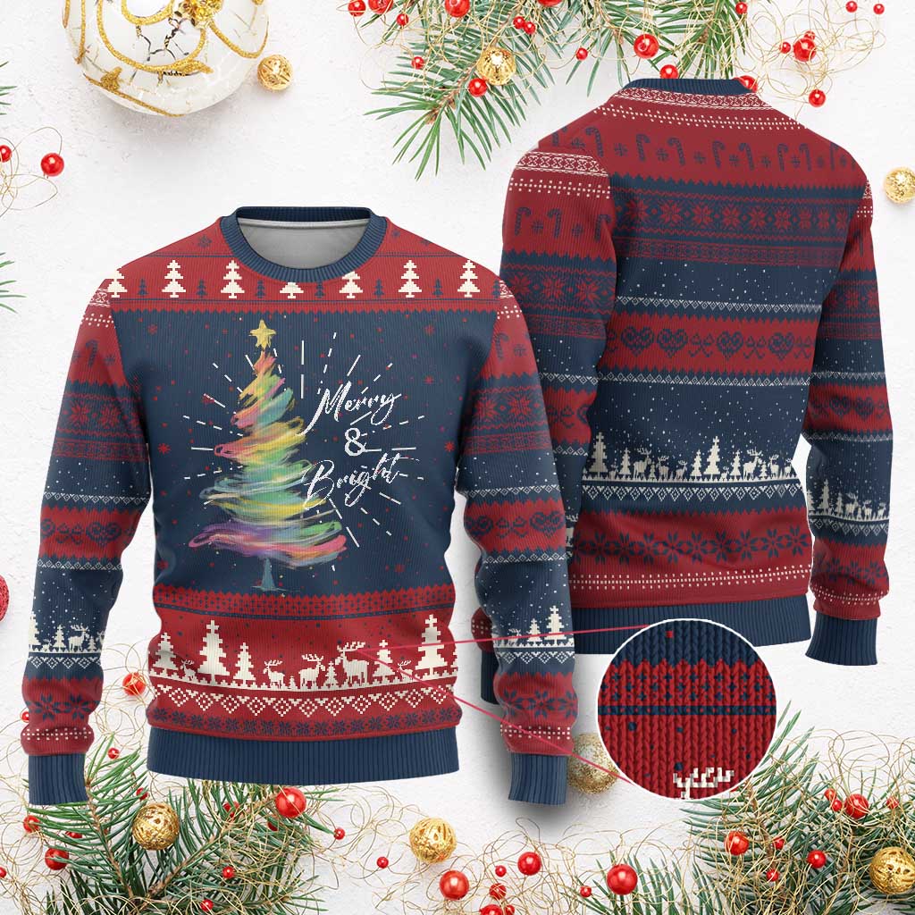 Xmas Ugly Christmas Sweater Merry And Bright Colorful Xmas Tree TS11 Burgundy Print Your Wear